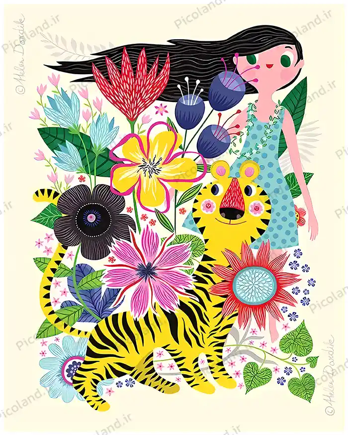 تصویر با کیفیت 4K دختر زیبا با ببر و گلها کد0153