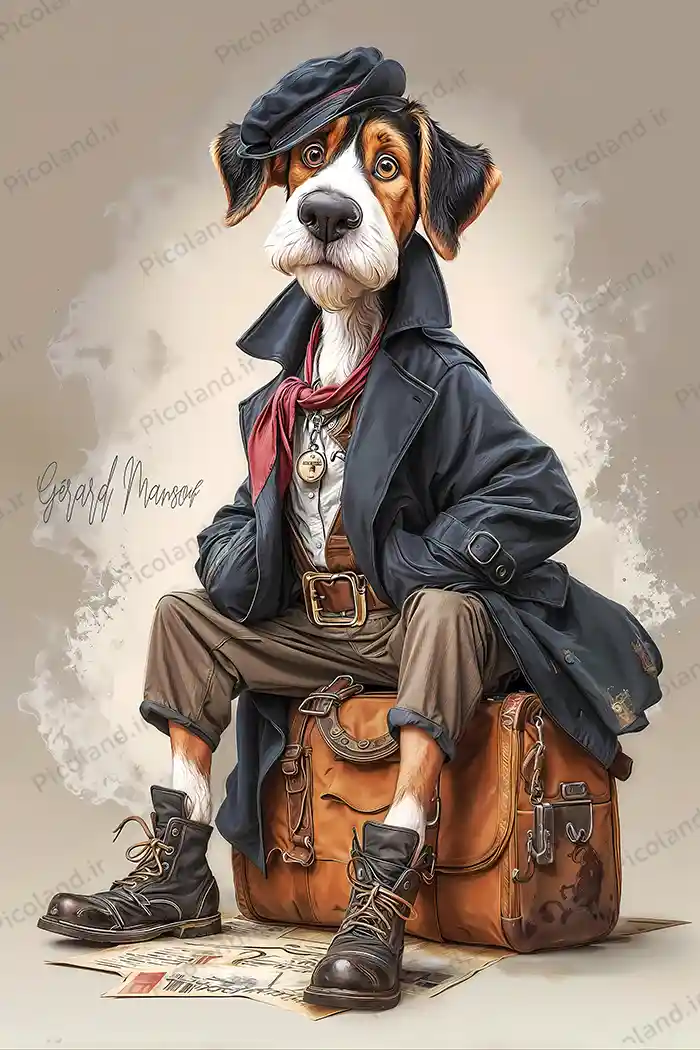 تصویر با کیفیت 8K طرح سگ نشسته رو چمدان کد0160