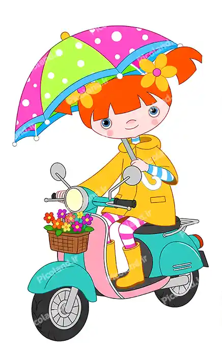 عکس با کیفیت 8K دختر کوچولو با چتر موتور سوار کیوت کد0235