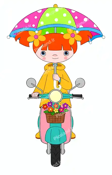 عکس با کیفیت 8K دختر کوچولو با چتر موتور سوار کیوت کد0236