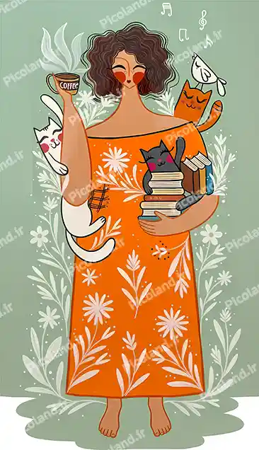 عکس با کیفیت 8K نقاشی مینیمال دختر و گربه کد0251