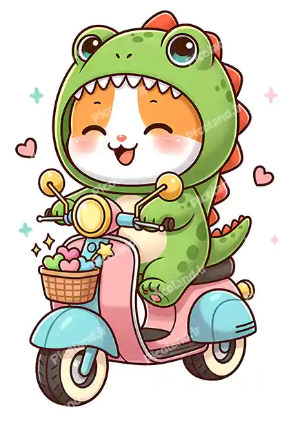 عکس با کیفیت 8K گربه با لباس اژدها در حال موتور سواری کد0269