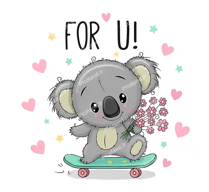 عکس با کیفیت 5K کوالا کیوت سوار اسکیت با دسته گل کد0311