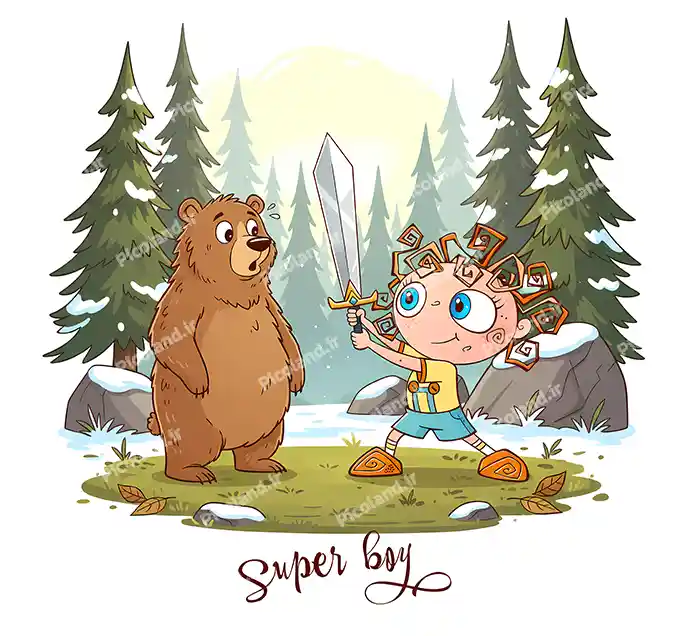 عکس با کیفیت 5K پسر شمشیر به دست کیوت و خرس جنگل کد0362